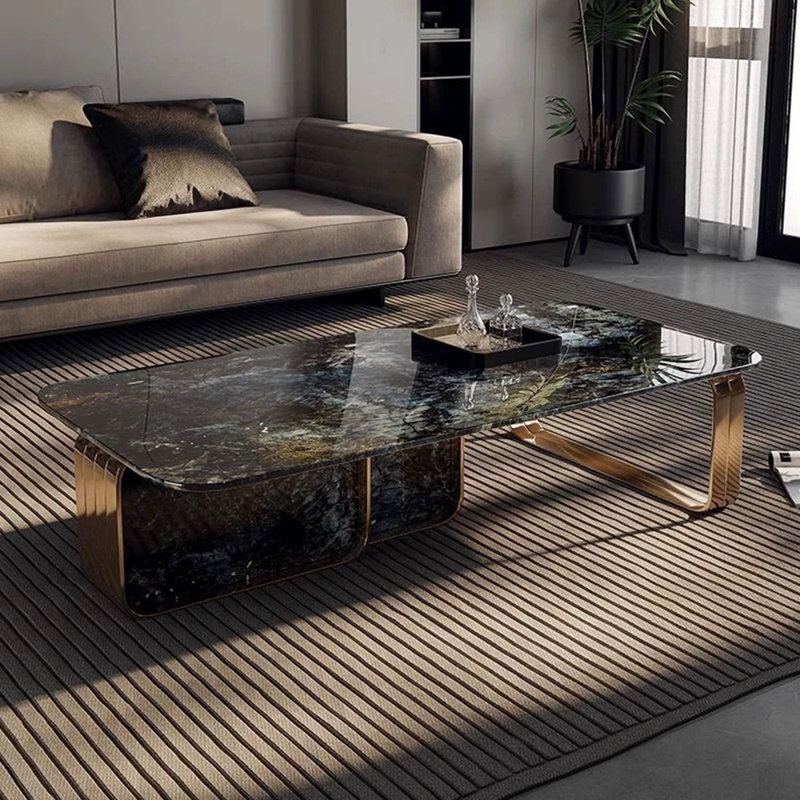 Table de bout en pierre frittée de style italien, H 15,7 po x L 55 po x l 27,5 po, Bleu / doré