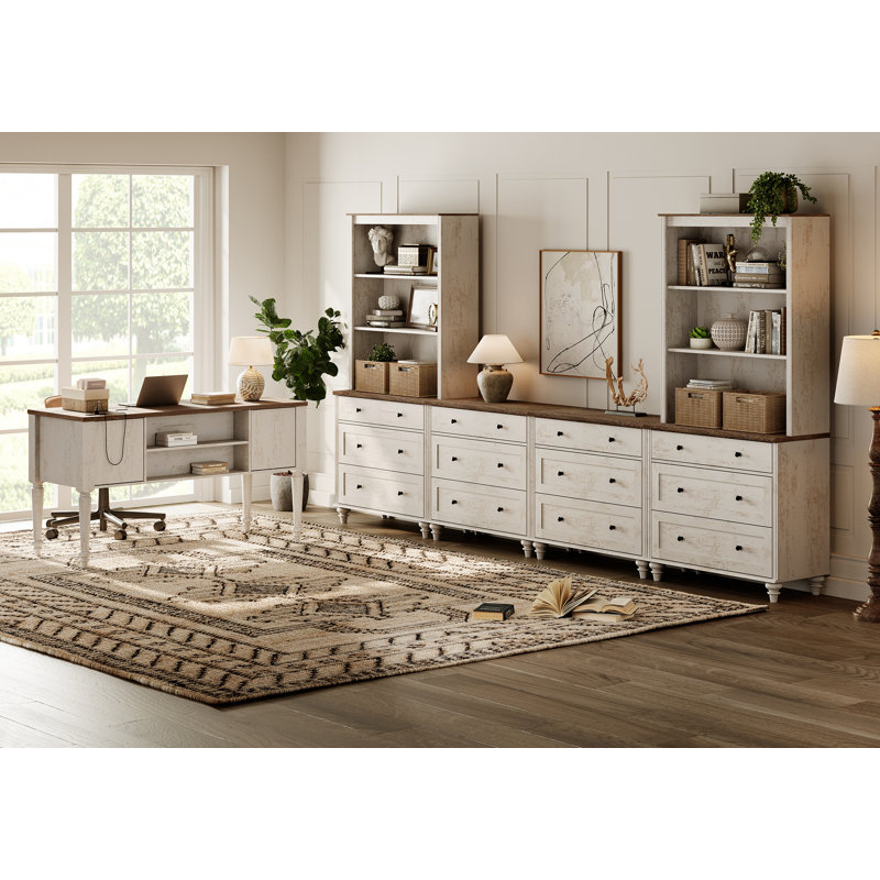 Ensemble de bureau et de meuble télé de style campagnard, centre de divertissement avec tablettes pour téléviseurs de 75 po ou moins, armoire de rangement en verre avec amplement d'espace, bureau d'écriture pour le bureau personnel et le salon