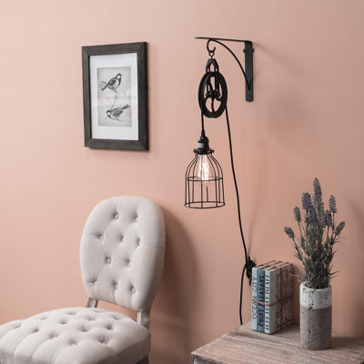 Rustic Industrial Pulley Wall Lamp With Wire Cage Shade And Edison LED Bulb