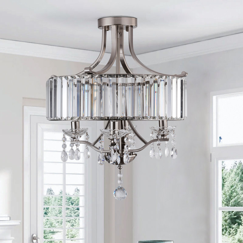 Yancy 4 - Light Dimmable Drum  Crystal Semi Flush Mount  For Living Room, Electroplated Sand Nickel