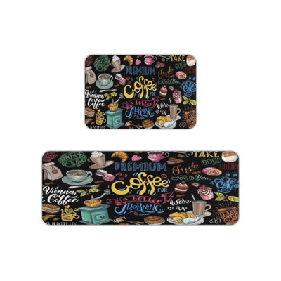 Coffee Chalkboard Print Kitchen Mats for Kitchen & Coffee Bar, Multicolor Black 2-Piece Set