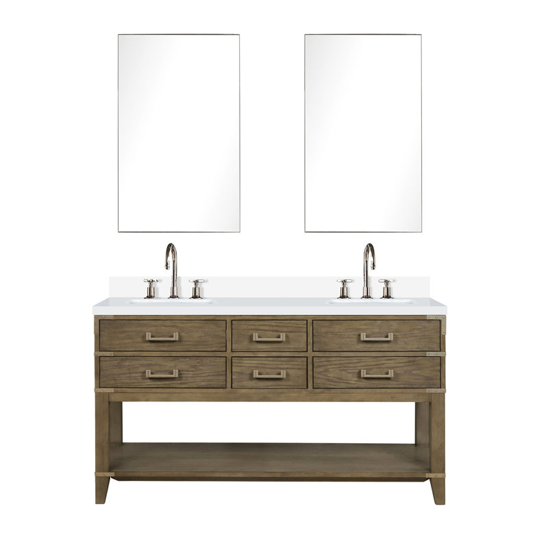 Meuble-lavabo double en chêne gris 60 po, profondeur 22 po, comptoir en quartz blanc, robinet 28 po - Décoration de salle de bain 60 po x 22 po, robinet poli