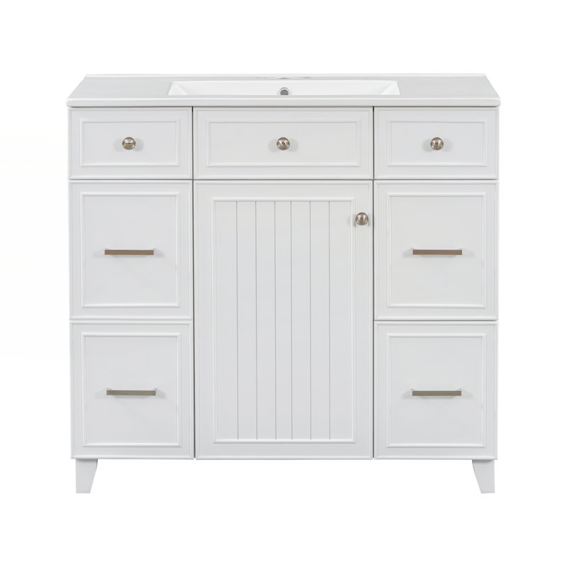 Meuble-lavabo 36 po avec lavabo en céramique, Blanc, Argent argent