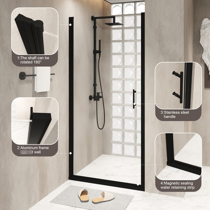 Porte de douche pivotante en verre trempé de 6 mm avec corrosion légère - cadre en aluminium noir mat et capacité de blocage de l'eau