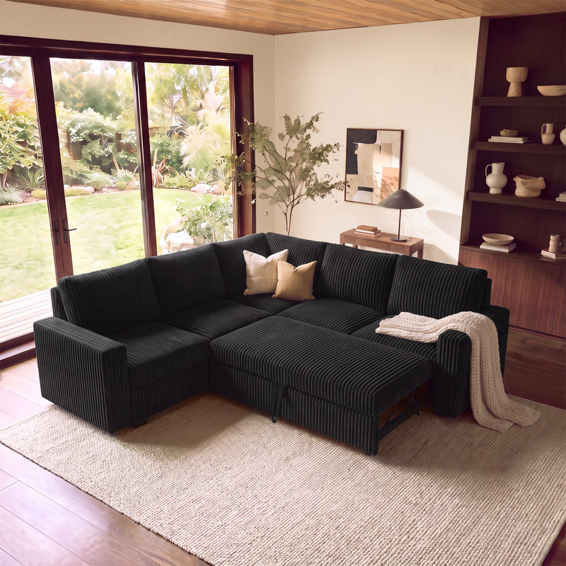 Brunella L-shaped Corner Sectional Sofa Bed with Pull-Out Bed, Black Corduroy