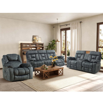 Ensemble de salon inclinable 3 pièces en microfibre moelleuse - fauteuil de levage, canapé de style cinéma et causeuse avec console de rangement, USB et massage