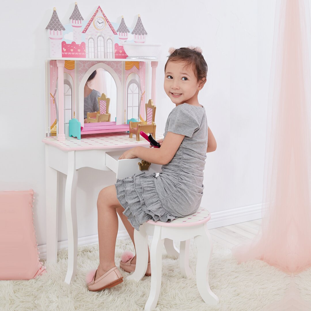 Teamson Kids Traumhaftes Kinderschminktisch-Set Dreamland Mit Hocker im Schloss-Stil Weiß Rosa