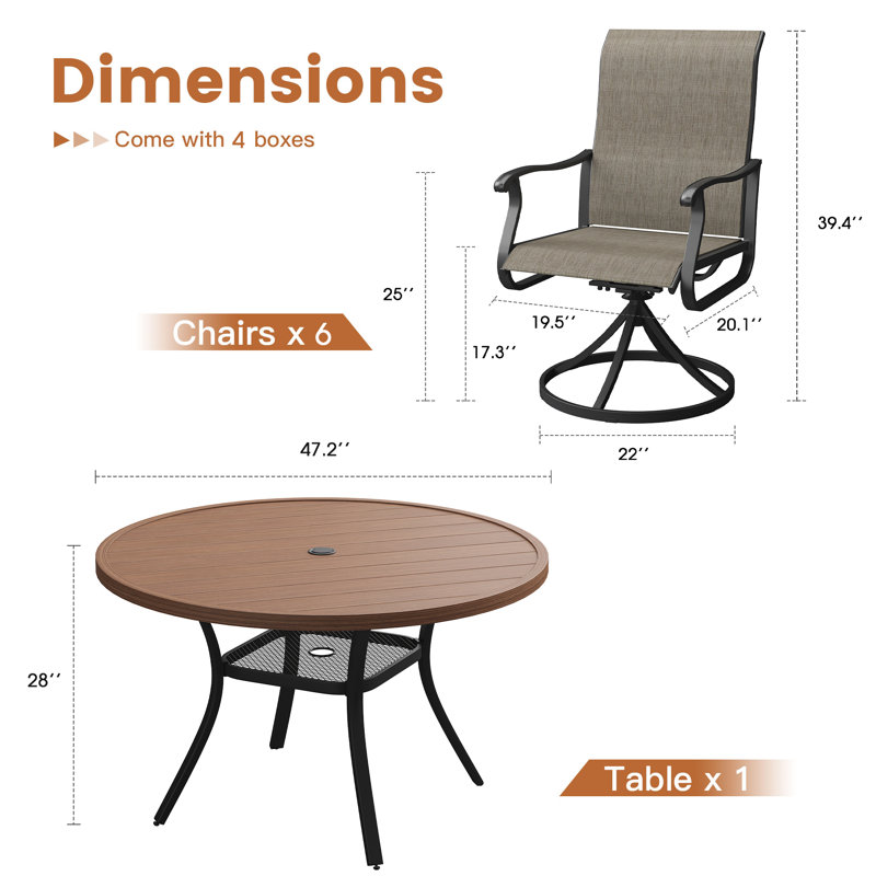 Nectaria Round 6 - Person Outdoor Patio Dining Set with 6 Swivel PVC-coated polyester Chairs, Brush Wood Brown/Black