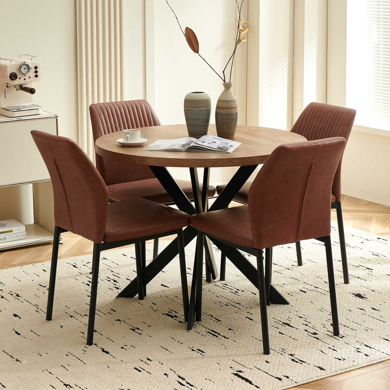 5-Piece Round Dining Table Set, 37 Inch Kitchen Table And 4 PU Leather Chairs, Brown