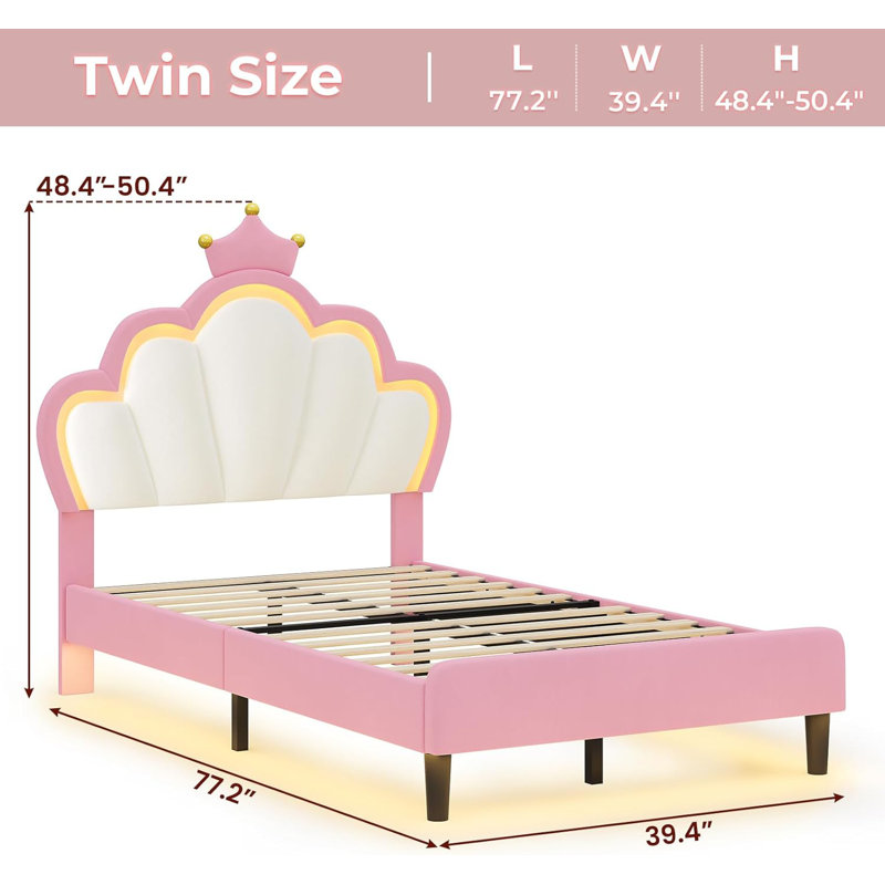 Cadre de lit avec lumières DEL, lit double pour filles avec couronne Princess, cadre de lit tapissier en velours avec tête de lit réglable, pas de sommier tapissier requis