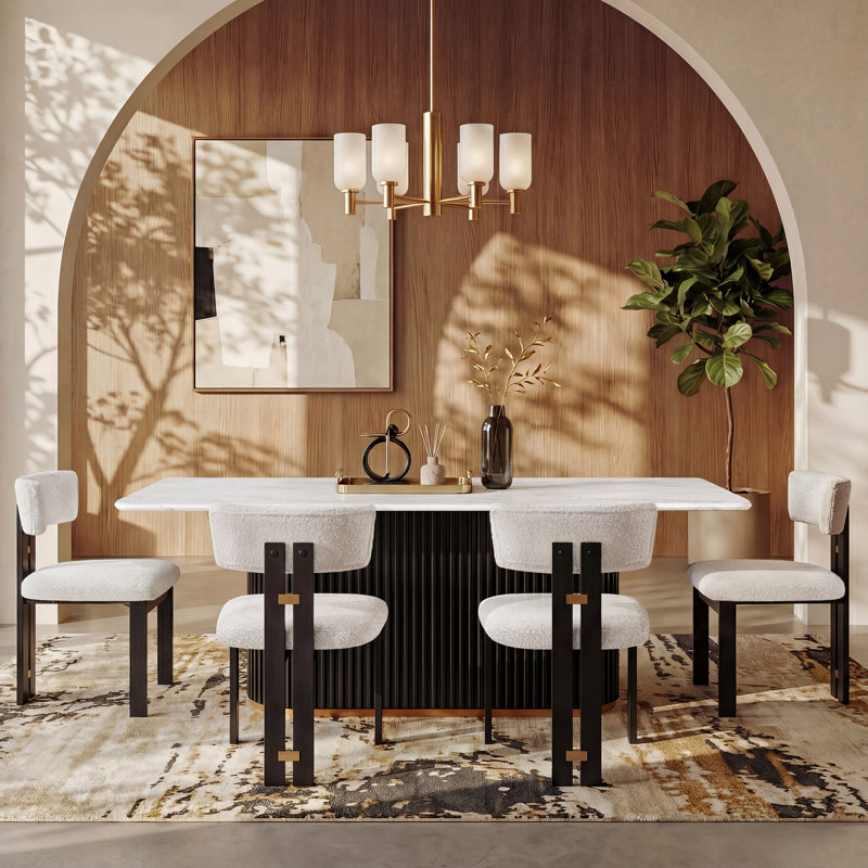5 Piece Modern Dining Table Set, Faux Marble Dining Table and 4 Boucle Dining Chairs, White, 5 Pieces: Table, 4 Chairs
