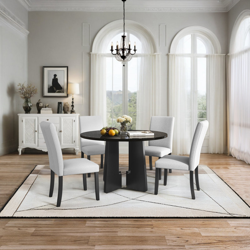 Ensemble de table de salle à manger 5 pièces avec table ronde et 4 chaises, Noir, Beige