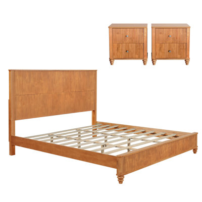 3-Piece Bedroom Set With A King Size Bed And 2 Nightstands, Natural