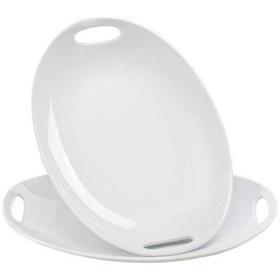 2-Piece White Oval Serving Platter with Handles, 14" Serving Dishes for Salad, Fruits, Pasta & Entertaining