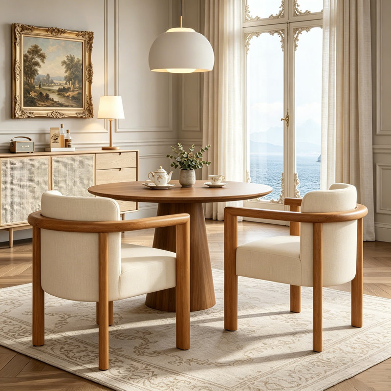 Fauteuil rembourré en tissu avec structure en bois d'hévéa noyer
