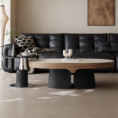 Ensemble de tables basses ovales en pierre frittée et verre rond