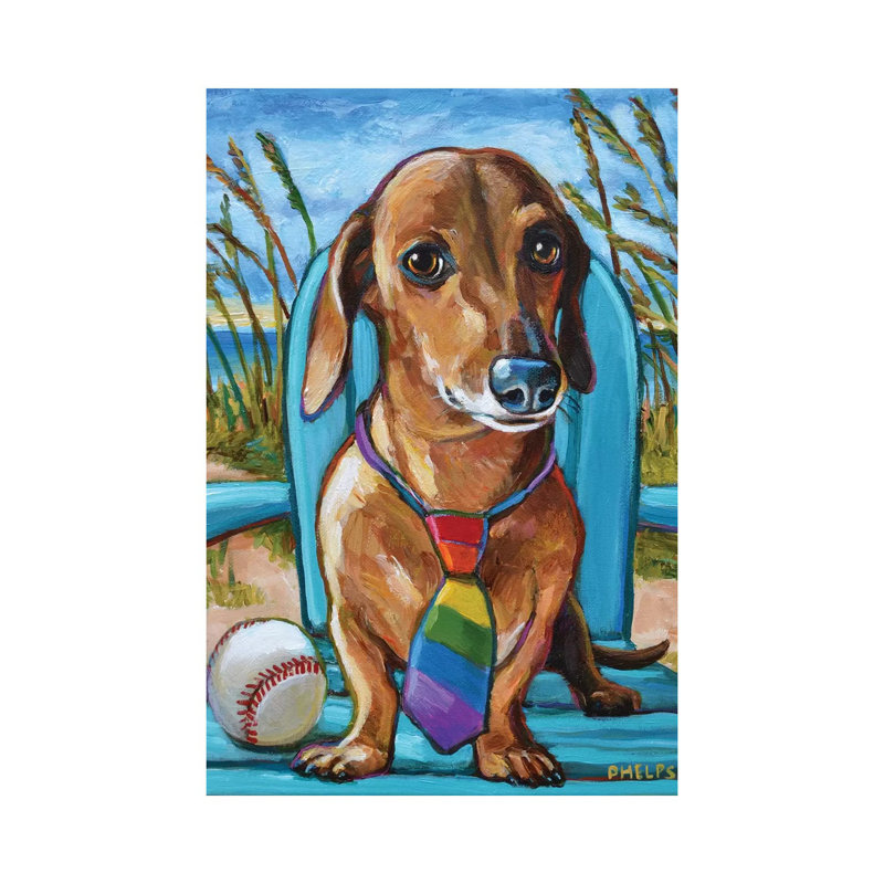 Teckel avec cravate par Robert Phelps - peinture sur toile tendue, H 12 po x l 8 po x P 0,75 po
