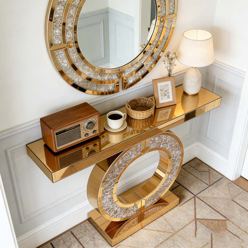 Mirrored Console Table With Crushed diamond Inlay, Long Entryway Sofatable, Rustic Brown