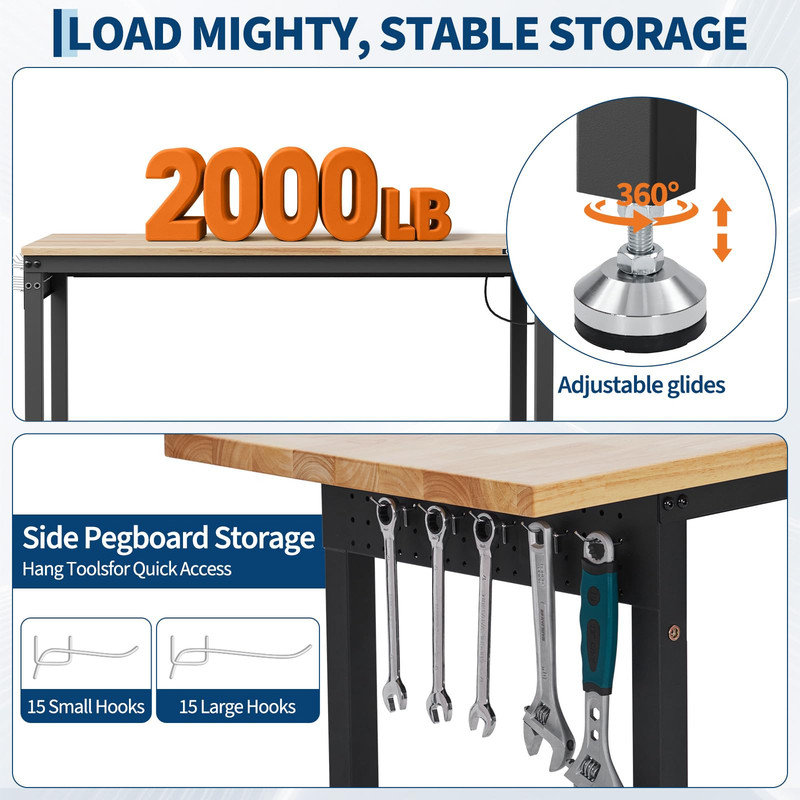 Établi réglable 48 po x 24 po - Plateau en bois d'hévéa massif, capacité de 2000 lb, prises de courant et panneau perforé pour atelier