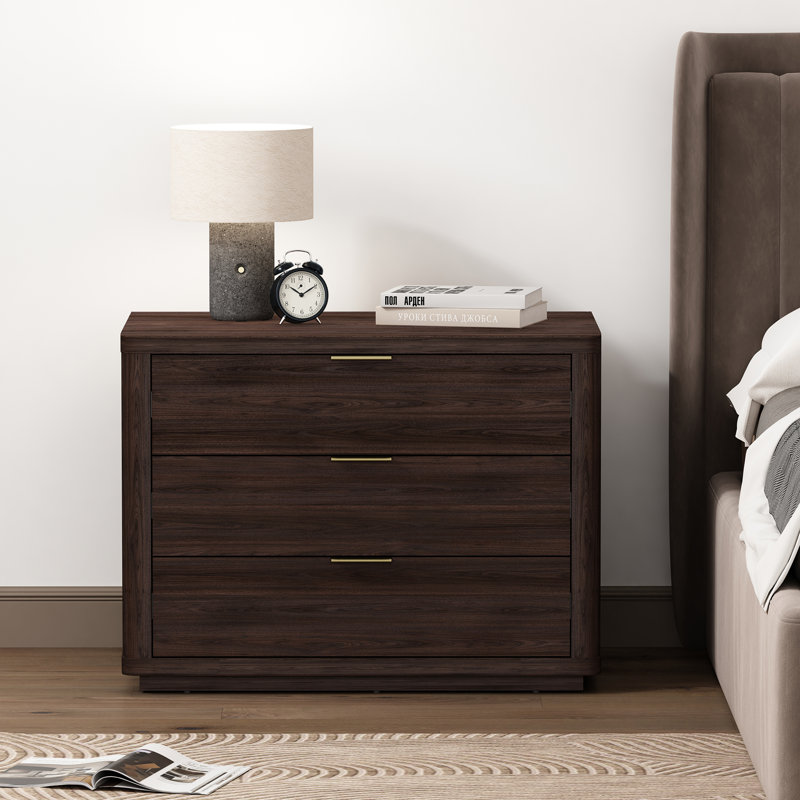 Evelyn 32" Modern Nightstand with 3 Full Extension Drawers in Brown, Brown