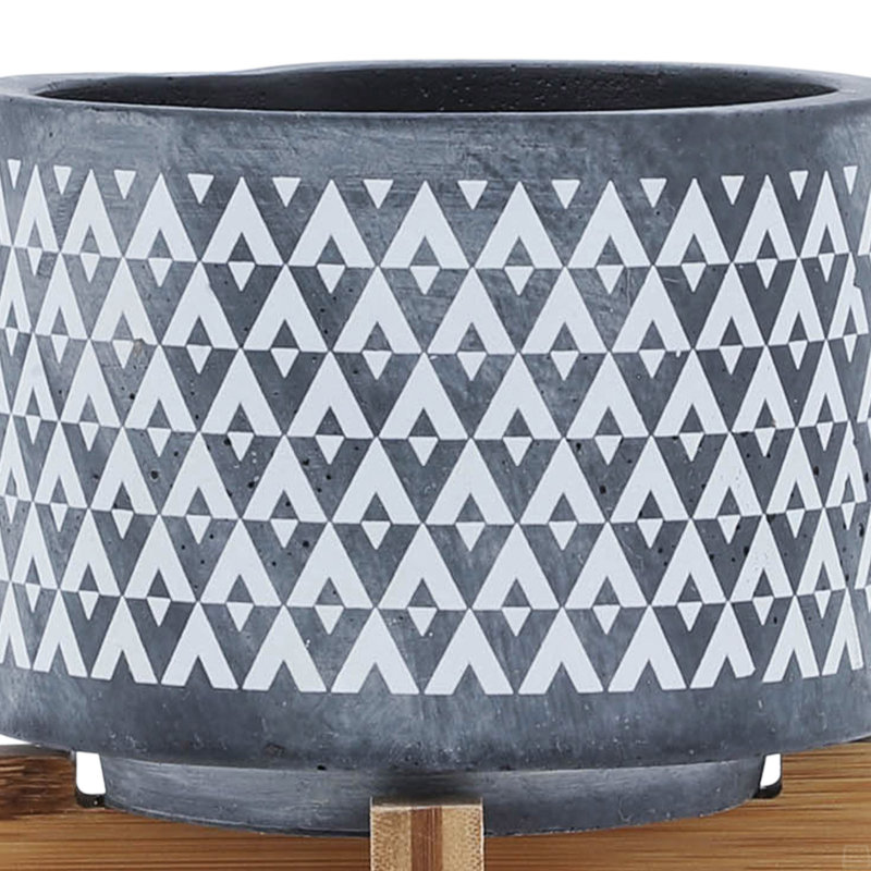 CERAMIC AZTEC PLANTER ON WOODEN STAND, GRAY, 6" H x 5" W x 5" D