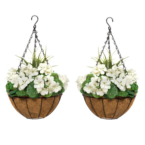 2 x Artificial Faux Silk Geraniums in Coco Coir Hanging Baskets Ideal for Home, Office Outdoor Living 25cm/10in