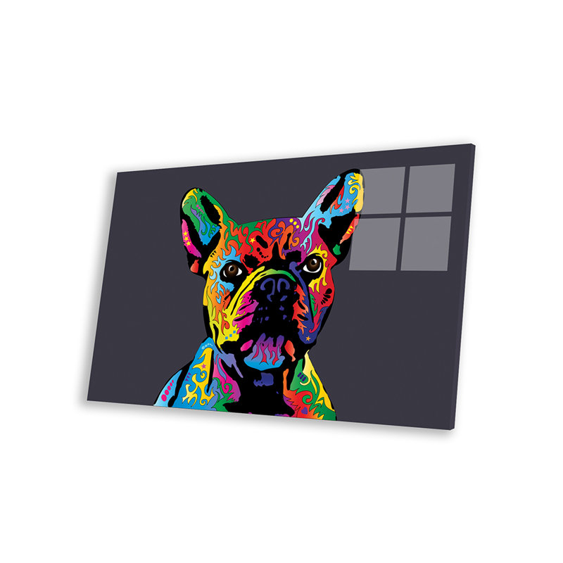 Bouledogue français arc-en-ciel sur imprimé gris sur verre acrylique