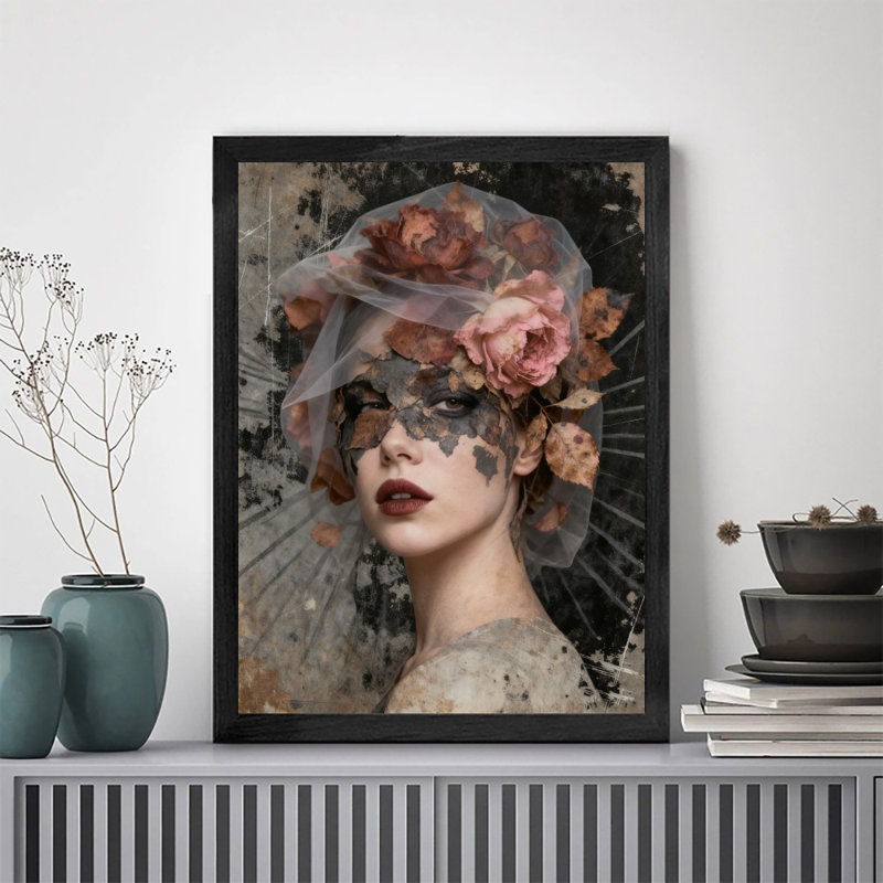 Art mural noir rétro avec femme et nature, impression de style surréel foncé, H 11 po x l 9 po