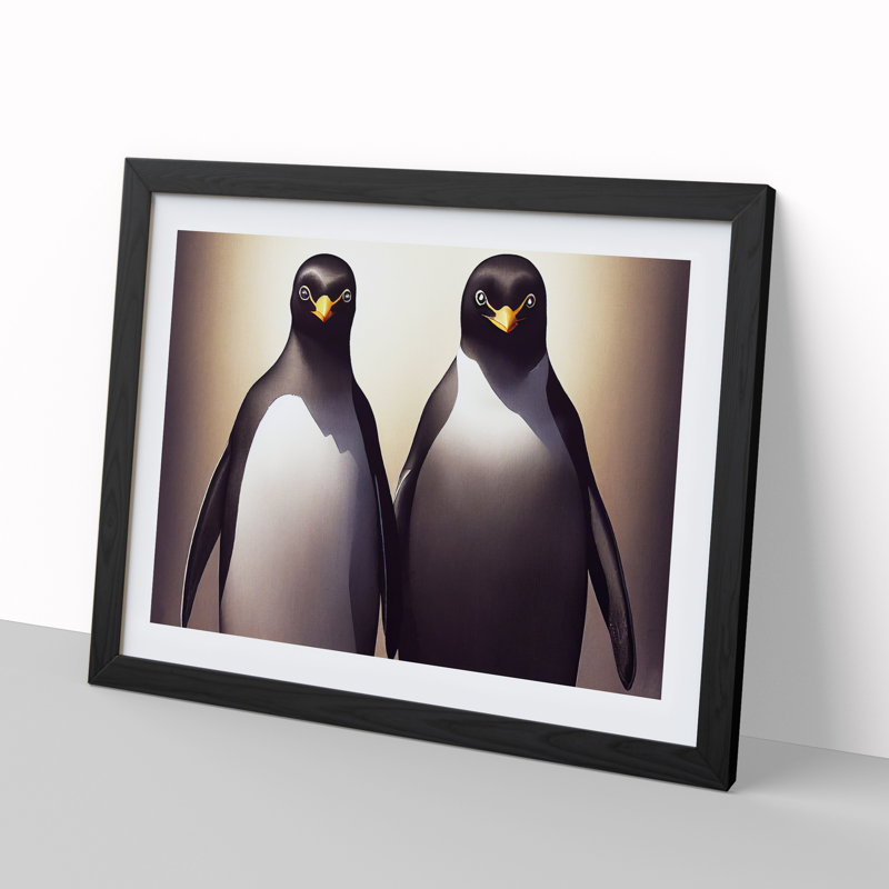 XH1022-6750X Pair Of Penguins - Single Picture Frame Painting, Black Framed, 46cm H x 64cm W x 2cm D