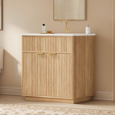 Meuble-lavabo sur pied de 76 cm (30 po) avec lavabo simple, portes cannelées et rangement, naturel