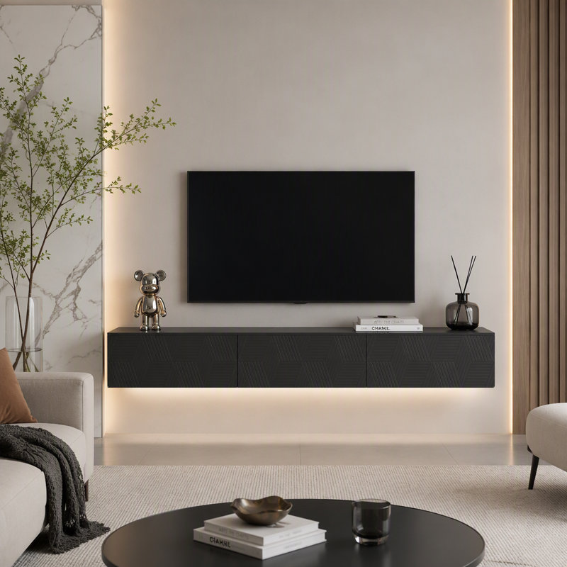 Support TV moderne de 67 pouces, support TV mural suspendu avec 16 DEL de couleur pour téléviseurs de 55, 60 et 65 pouces.