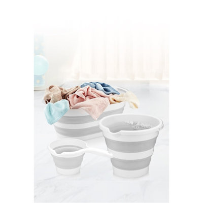 Ensemble de panier à linge en plastique durable (4 pièces), gris | Panier à linge: 21,3 po x 15,2 po x 9,3 po, hauteur pliée: 2,8 po | Seau: 10,6 x 13,0 x 2,8 pouces, Bénitier: 4,3 x 6,3 x 1,4 pouces | Conception pliable et peu encombrante pour une organisation efficace