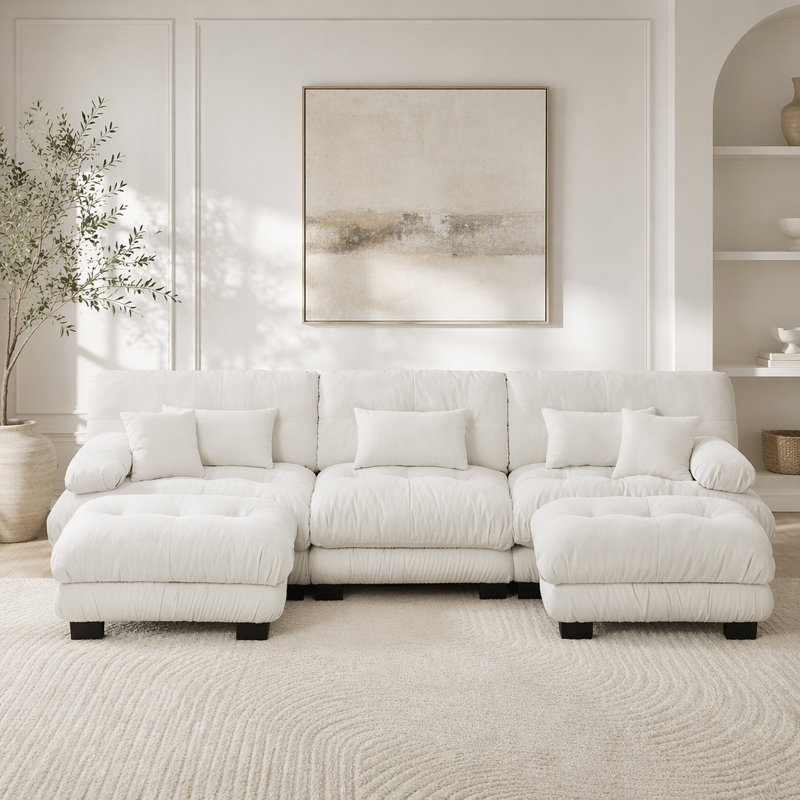 Canapé Cloud, canapé en chenille, Blanc + 3 sièges + 2 chaises