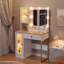Bureau de maquillage avec miroir et lumières, coiffeuse avec station de charge, coiffeuse en bois RVB Lights pour chambre à coucher-2139244328