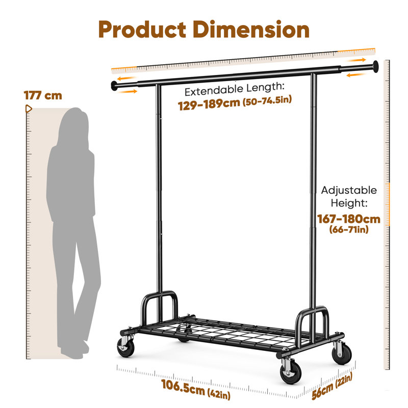  Heavy Duty Clothes Rail 238kg (525lbs) Capacity, Extendable Hanging Rack with Lockable Wheels & Shelves, Space Saving for Bedroom, Apartment, Laundry Room,Silver