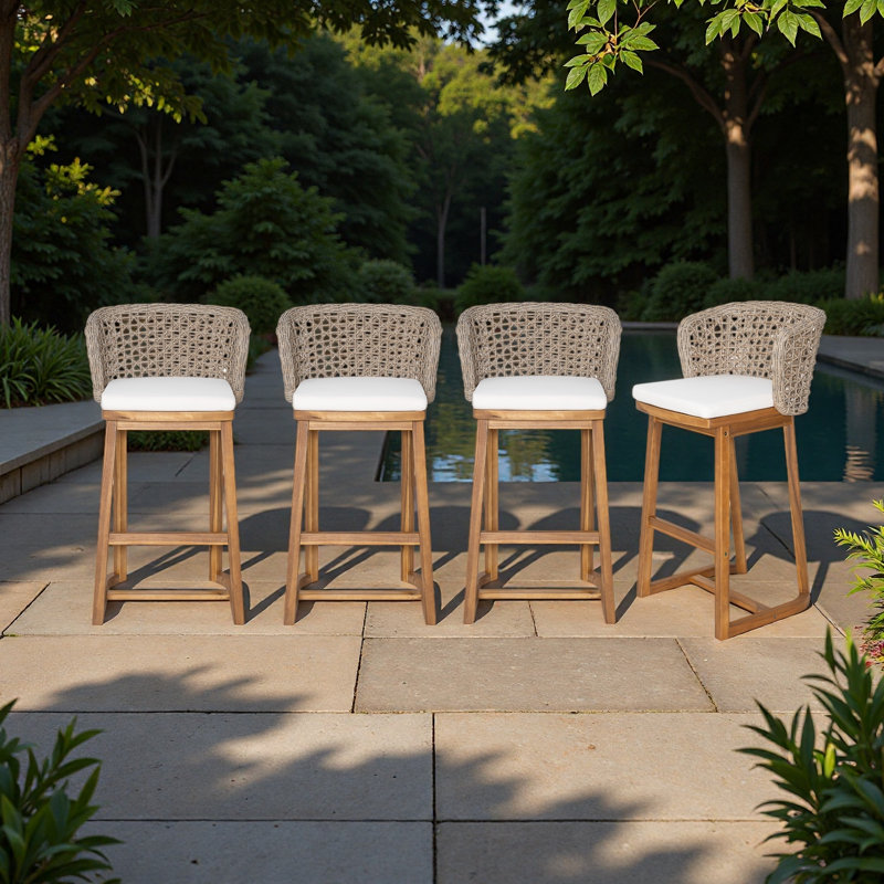 Outdoor Acacia Wood Bar Stools (4 PCS), Bar Height Chairs with Cushion & Wicker Back, Counter Height Stools for Patio, Poolside, Kitchen Island