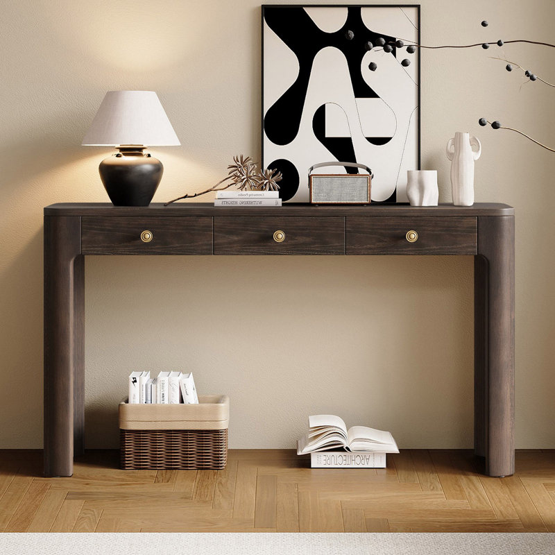 Chery 52'' Wooden Curved Console Table With 3 Concealed Drawers, Espresso