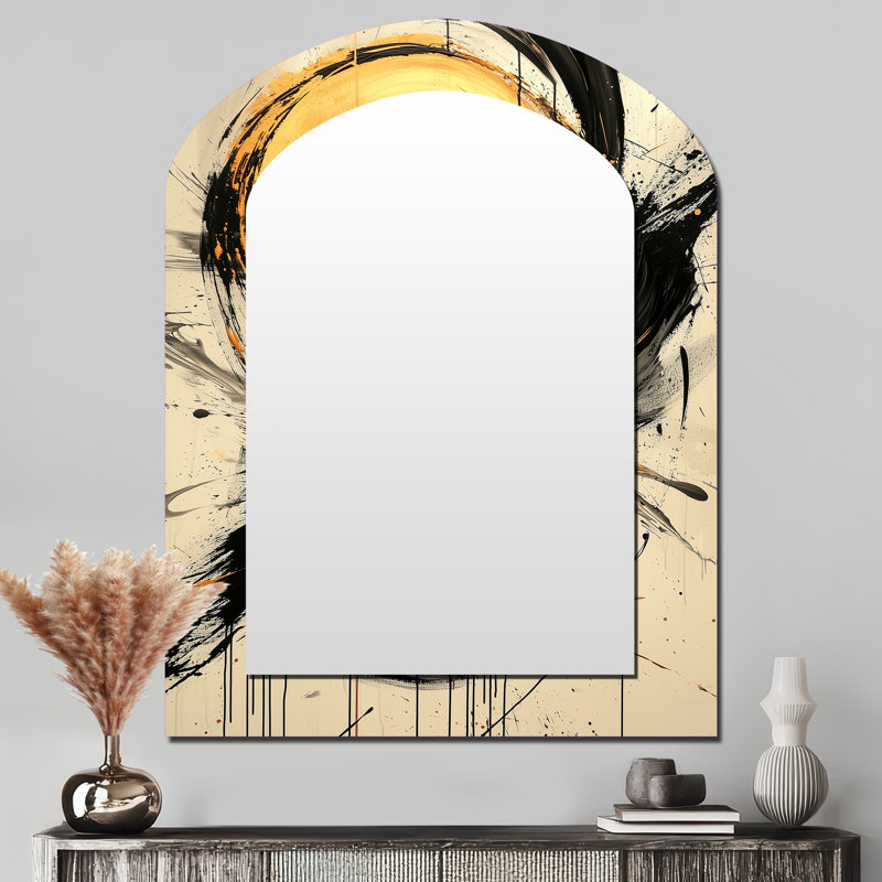 Abstract Circle In Gold And Grey Tones II - Abstract Shapes Arch Unique Mirror, Gold Asymmetrical Large Wall Mirror, Printed Metal Art