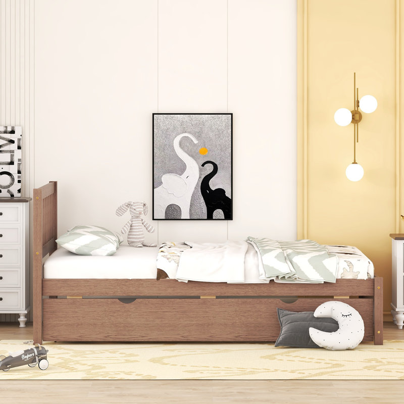 Structure de lit plateforme en bois de conception moderne avec lit gigogne en couleur, Noyer