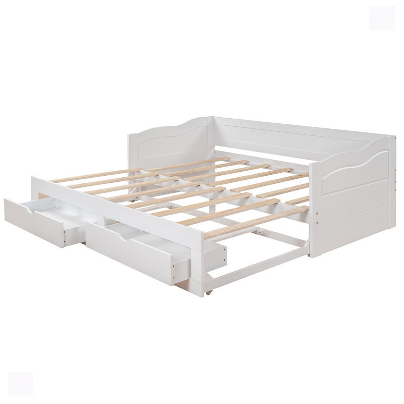 Wooden Daybed with Trundle Bed and Two Storage Drawers, White Wool