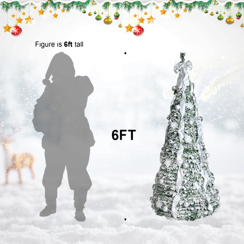 Arbre de Noël pop-up floqué avec lumières Ul blanc chaud - pré-décoré avec des ornements, des flocons de neige, des rubans et un grand nœud - facile à assembler et peu encombrant