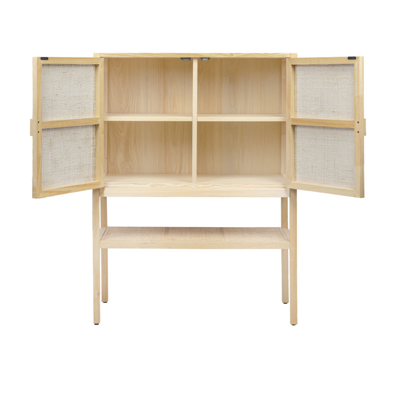 Woven Rattan and Wood Cabinet with 2 Doors, 1 Shelf, and 4 Interior Storage Compartments, Natural