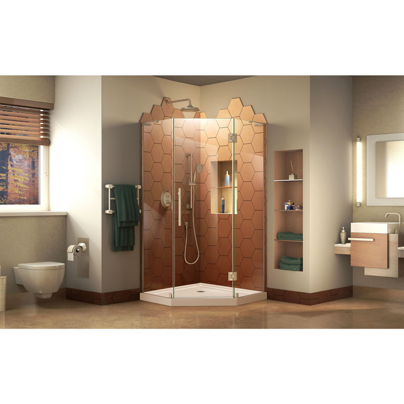 Prism Plus 38" W x 38" D x 74.75" H Frameless Neo-Angle Shower Enclosure with Base Included, Brushed Nickel/Biscuit