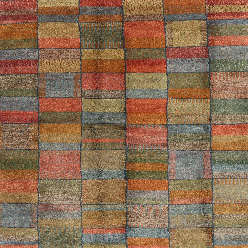 Tapis géométrique olive / orange / rouge Daddario, Carré 4 pi