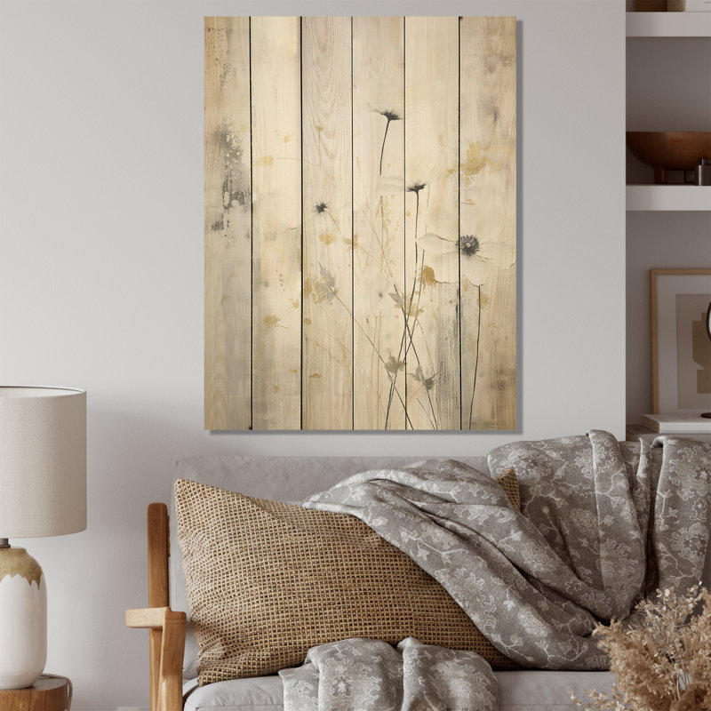 «Gray and White Herbs Minimal Harmony I», art mural en bois sur bois de pin naturel, H 32 po x l 24 po