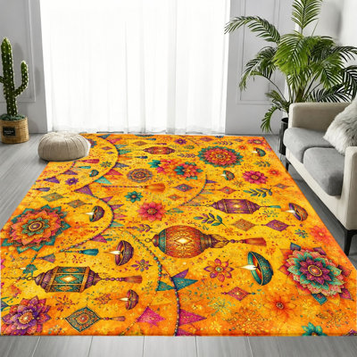 Tapis vibrant de style lanterne de fête indienne vibrant, motif traditionnel coloré, tapis antidérapant, décoration intérieure décorative pour salon, chambre à coucher, entrée, cuisine, patio, appartement