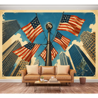 Wall Mural Peel and Stick American Flags building 70s Postcard  New York Vintage  Old fashion Large Wallpaper Self-Adhesive Removable Contact Paper Wall Decor for Living Room Bedroom Nursery 100"H x 144"W