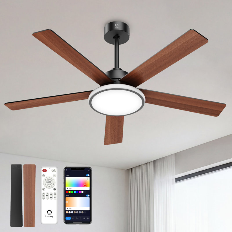 Lumary 52" Smart Ceiling Fan with RGBAI Lights Remote, WiFi Bluetooth Low Profile Ceiling Fan with Alexa/Google/App,Dimmable & Color Tuning, 5"/10" downrods Mount(Black)