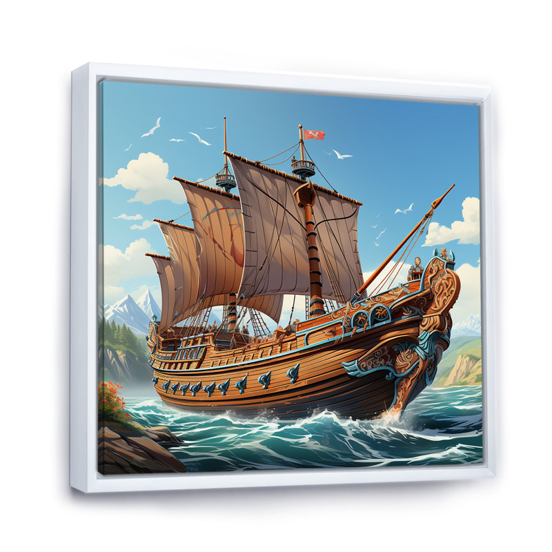 Bateau, voyage viking - Art mural classique, Cadre flottant blanc, H 36 po x l 36 po x P 1,5 po