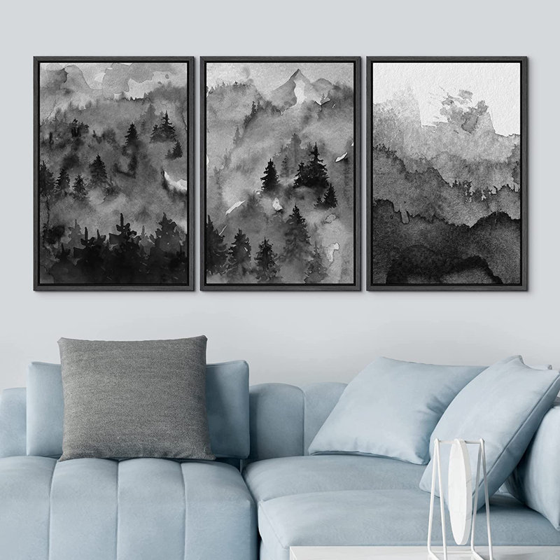 «Woodland Forest Landscape Dark Mountain Forest», peinture sur toile 3 pièces, Noir, L 48 po x H 24 po